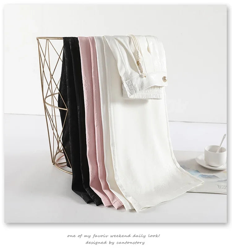 Chinese Style Jacquard Wide Leg Satin Pants – Women